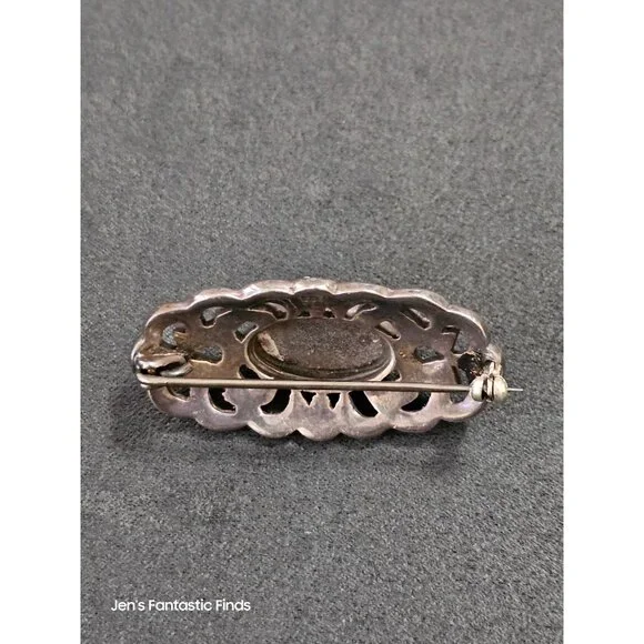 Antique Sterling Silver & Marcasite Brooch‎ With Black Onyx Stone